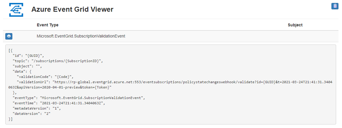 预生成的 Web 应用中事件网格订阅验证事件的屏幕截图。