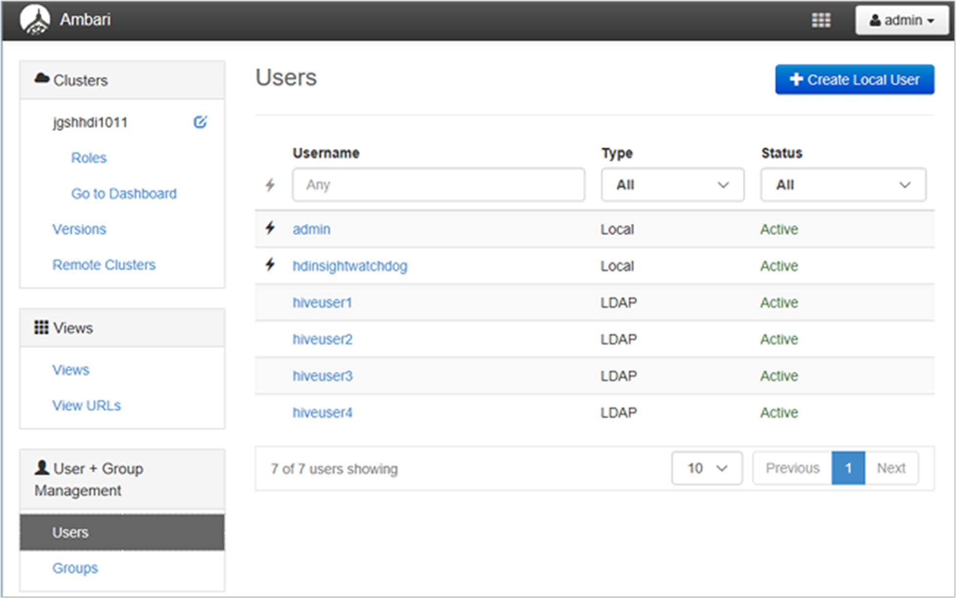 ESP HDInsight Ambari 管理 UI 列表用户