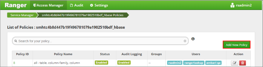 显示 Apache Ranger HBase 策略列表的屏幕截图。