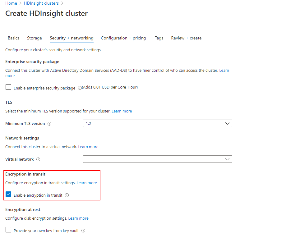 Create cluster - enable encryption in transit.