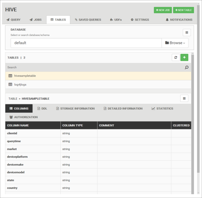 Apache Hive“表”选项卡的图像。