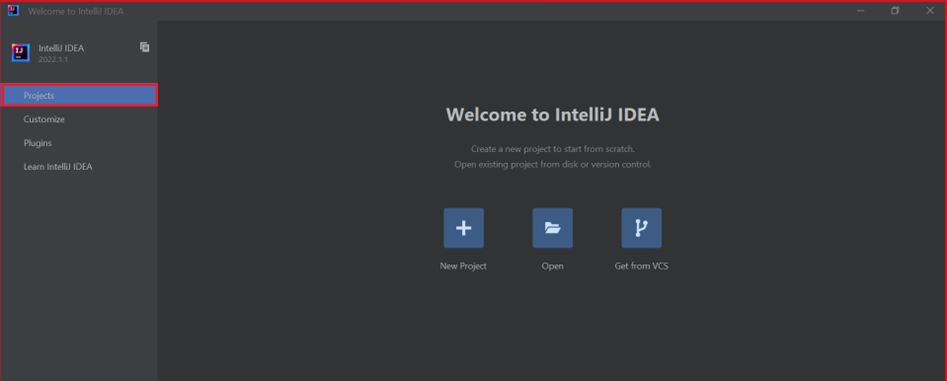 显示 IntelliJ 欢迎屏幕的屏幕截图。