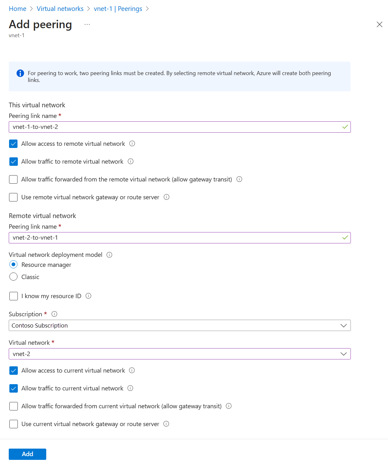 在 Azure 门户中添加对等互连的屏幕截图。