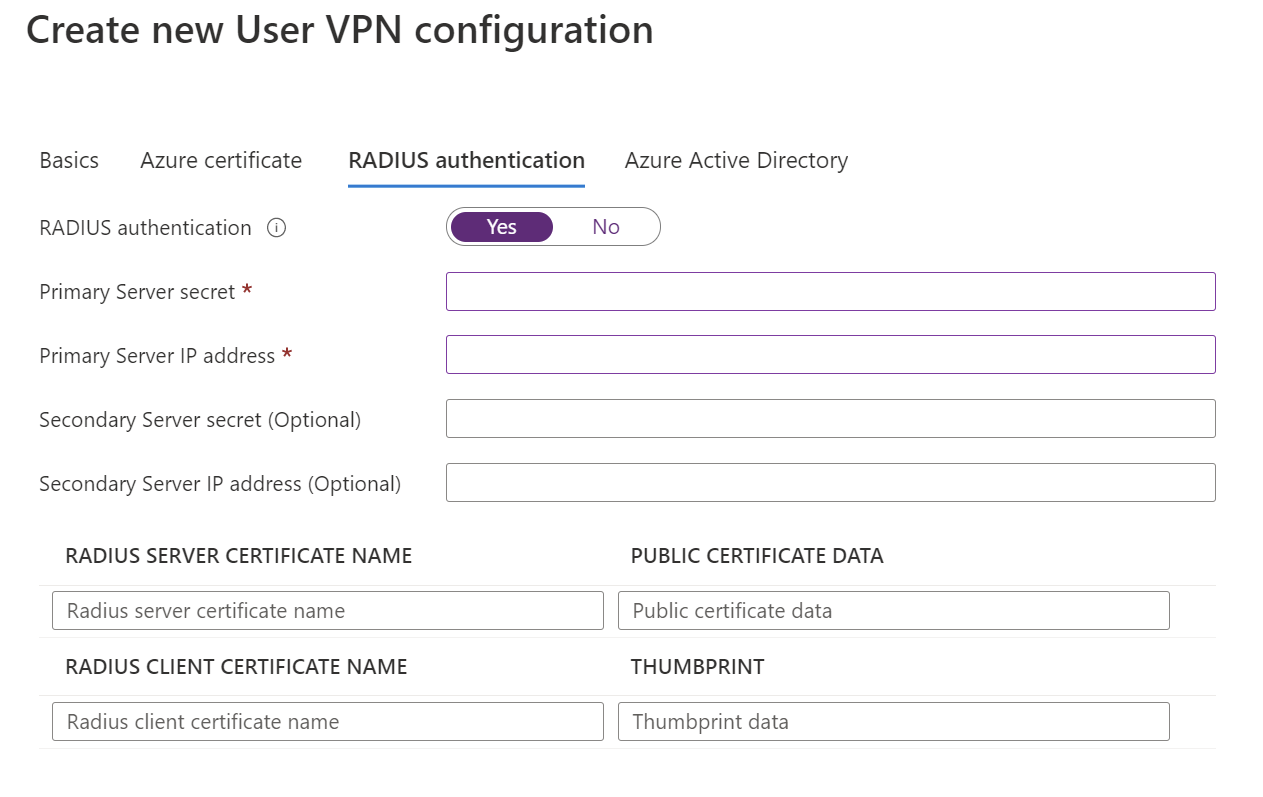 RADIUS 身份验证页的屏幕截图。