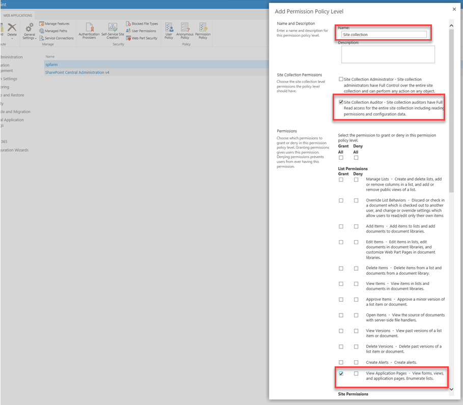 Select Site Collector Auditor and permissions options for a specific user