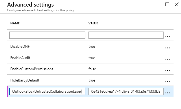 Azure Information Protection tutorial - create OutlookBlockUntrustedCollaborationLabel advanced client setting 