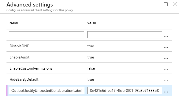 Azure Information Protection tutorial - create OutlookJustifyUntrustedCollaborationLabel advanced client setting 