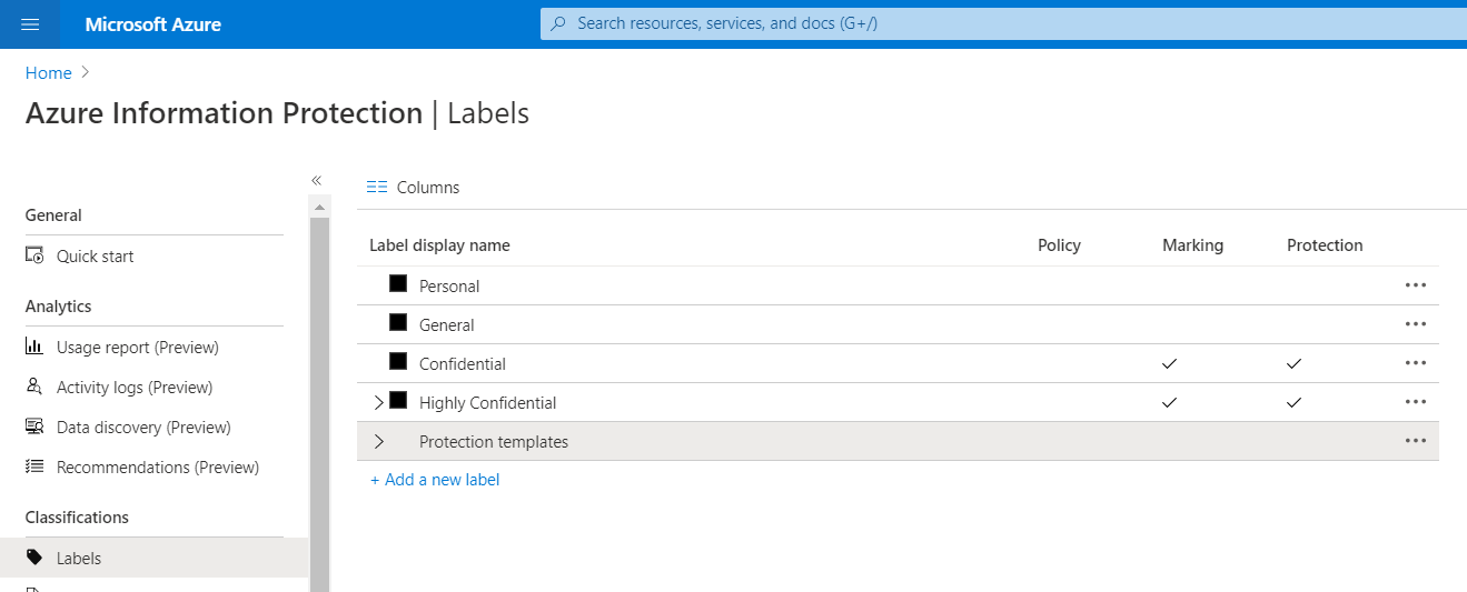 Azure 信息保护默认标签