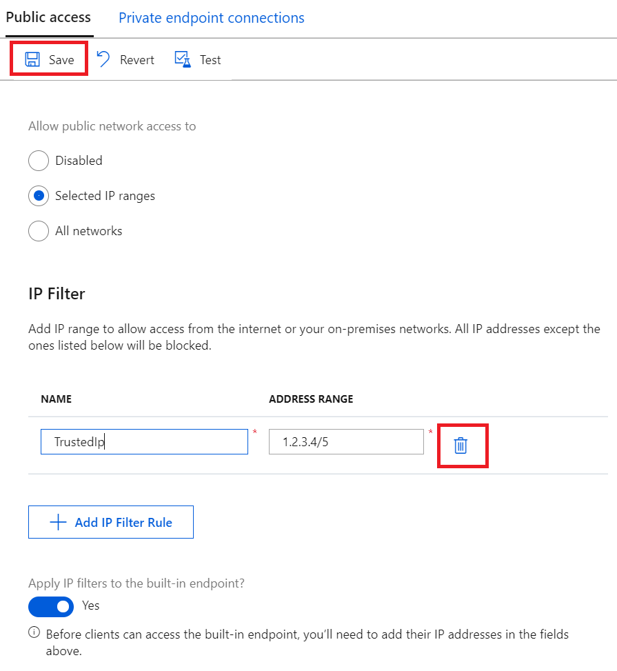 Screenshot showing how to delete an IoT Hub IP filter rule.