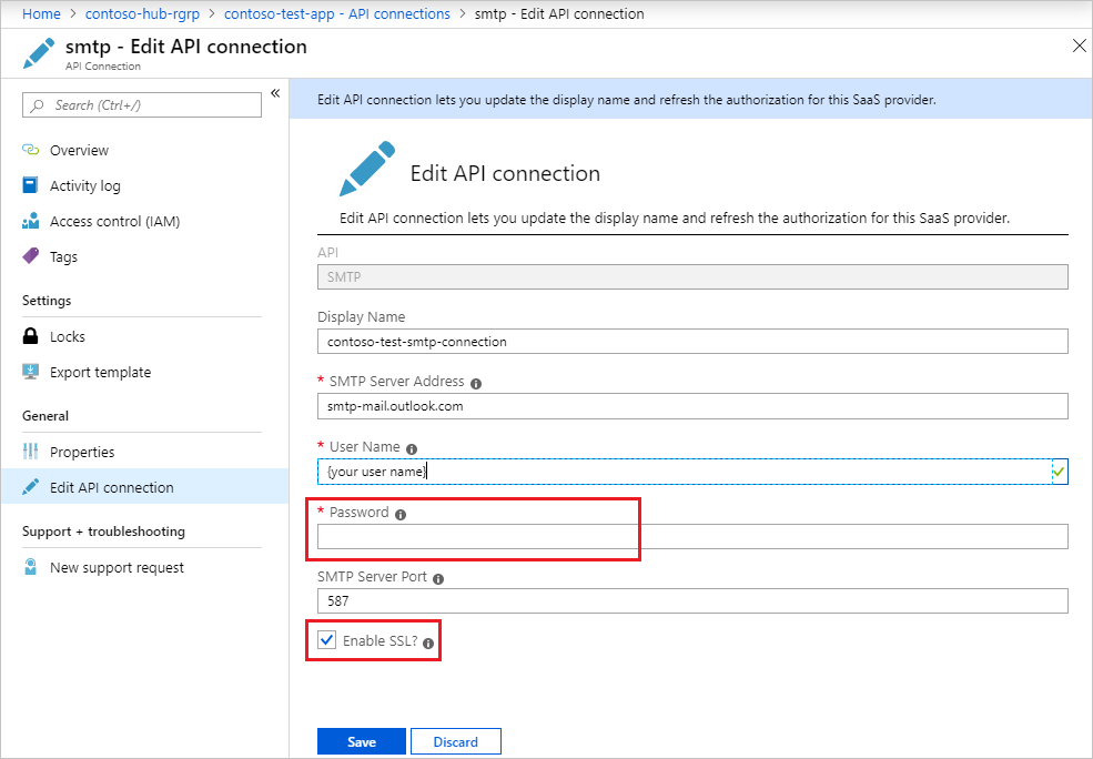 在 Azure 门户中编辑你的逻辑应用中的 SMTP API 连接。