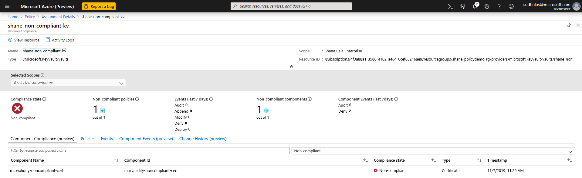 Screenshot that shows where you can view the name of the components within a vault that are non-compliant.