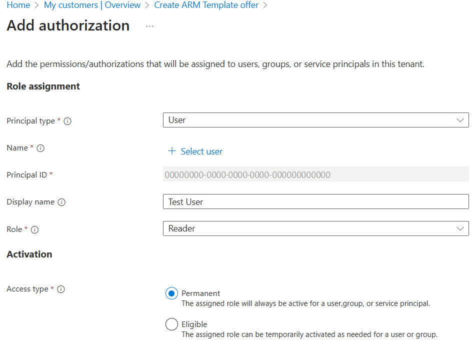 屏幕截图显示了 Azure 门户中的“添加授权”部分。