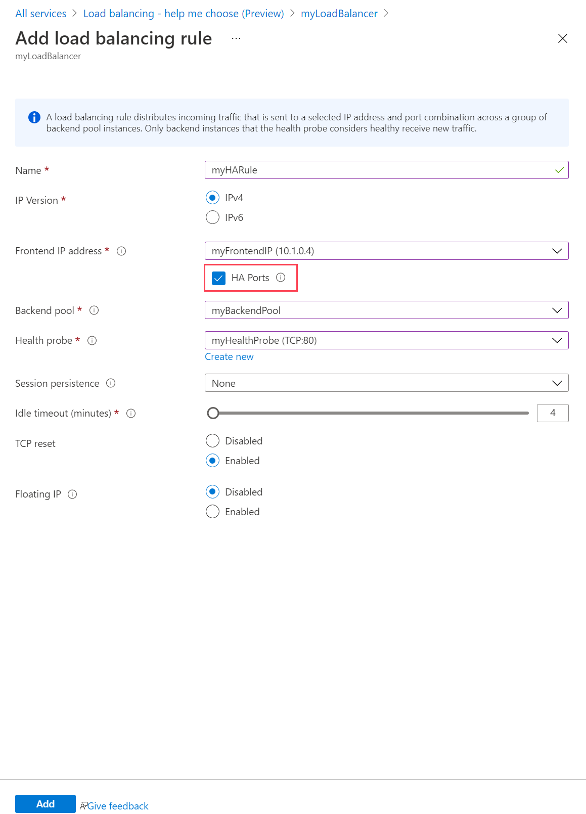 Screenshot of the add load balancer HA ports rule page.