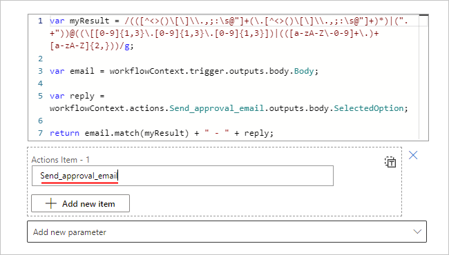 显示“Actions 项 -1”框和该操作的 JSON 名称的屏幕截图。