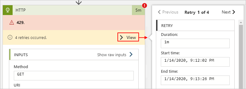 Screenshot showing Consumption workflow with an HTTP action's run history, retries, inputs, and outputs.