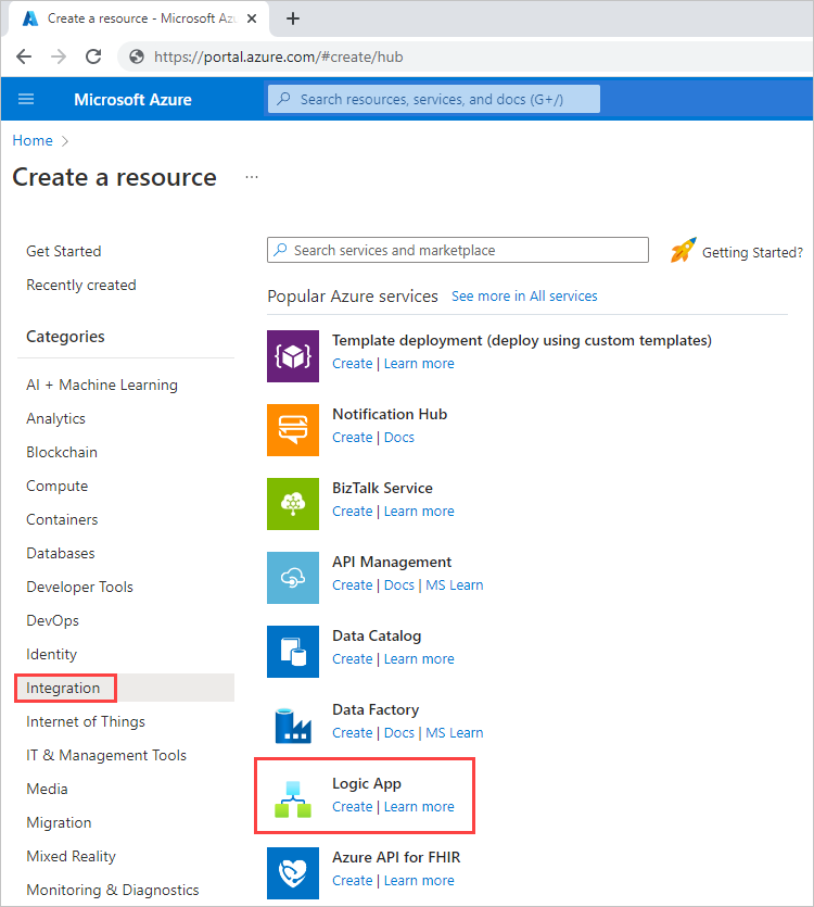 Screenshot showing the Azure portal. On the navigation menu, 'Integration' is selected. Under 'Popular Azure services', 'Logic App' is selected.