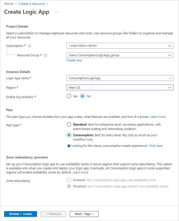 Screenshot showing the 'Create Logic App' page with example property values provided and the 'Consumption' plan type selected.