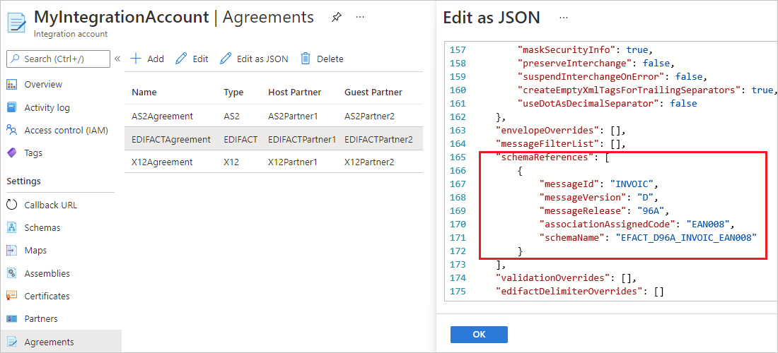 显示 Azure 门户的屏幕截图，其中 EDIFACT 协议的“receiveAgreement”部分在 JSON 编辑器中，且“schemaReferences”部分突出显示。