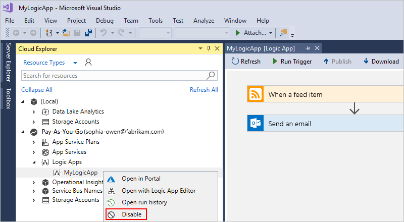在 Cloud Explorer 中禁用逻辑应用