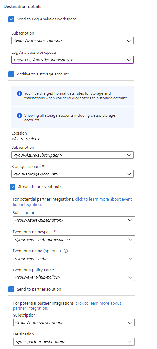 显示 Azure 门户、消耗逻辑应用资源、诊断设置以及存储帐户和事件中心选项的屏幕截图。