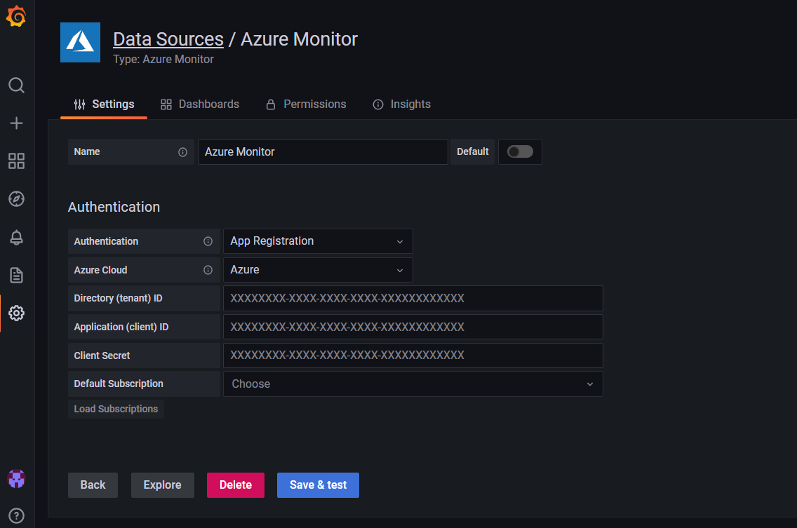 托管 Grafana 工作区的屏幕截图：检查应用注册身份验证详细信息。