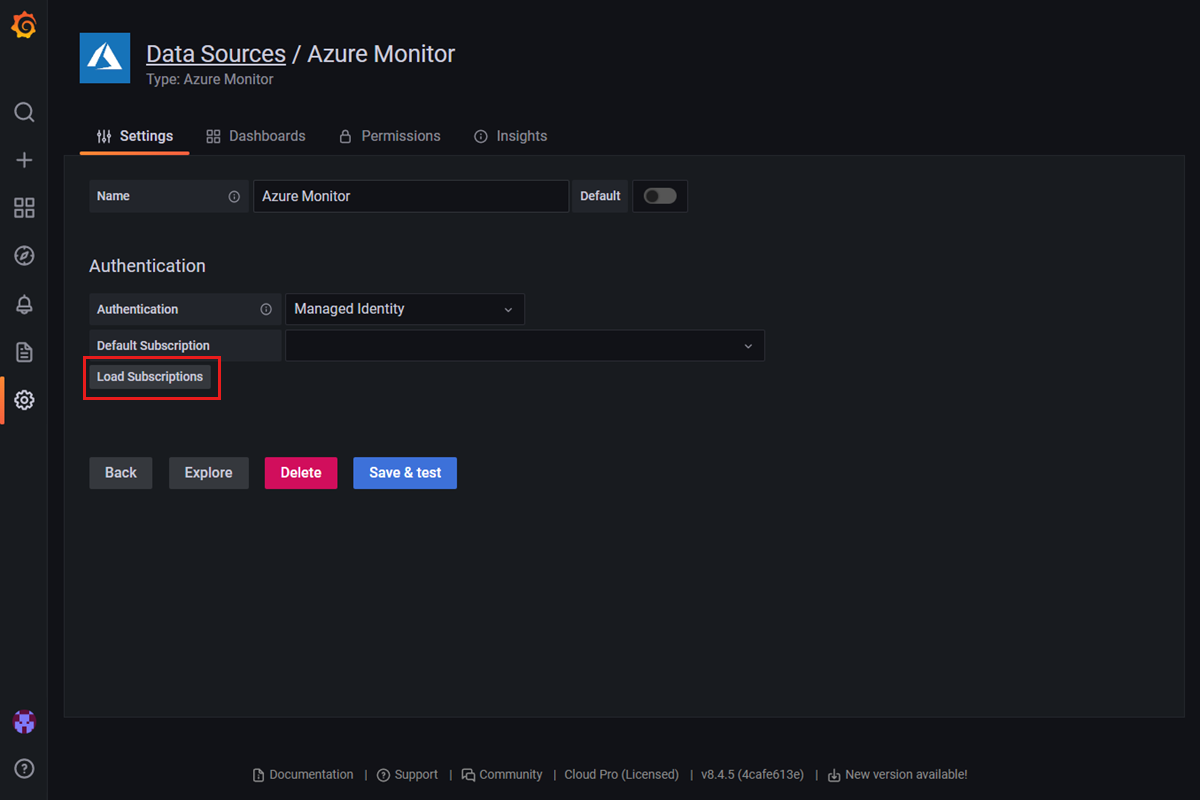 托管 Grafana 工作区的屏幕截图：加载订阅。