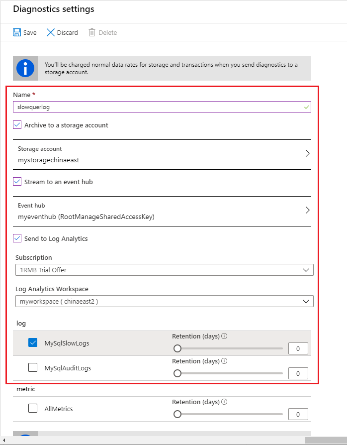 Screenshot of Diagnostic settings configuration options