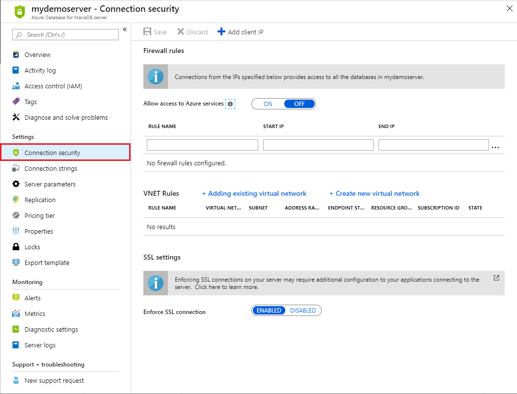 Azure portal - click Connection security