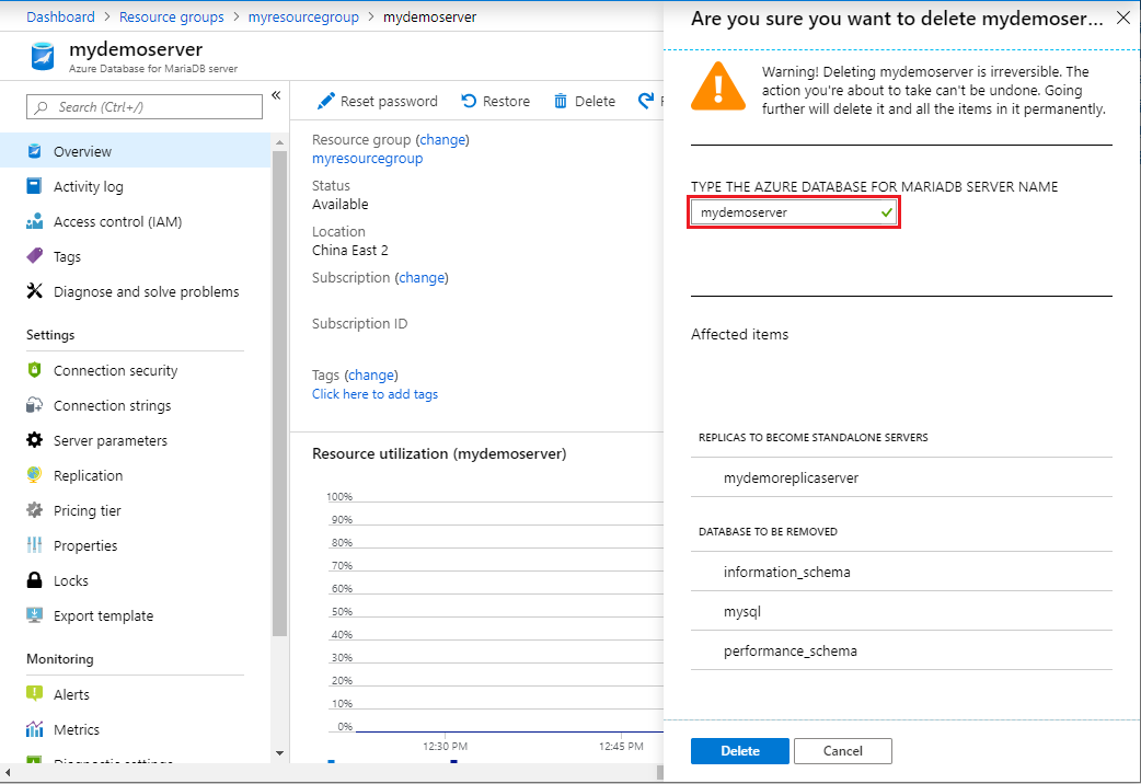 Azure Database for MariaDB - Delete master confirm