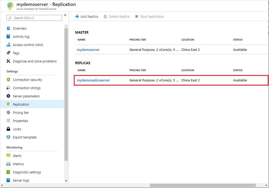 Azure Database for MariaDB - Delete replica select server