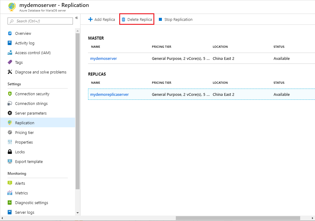 Azure Database for MariaDB - Delete replica