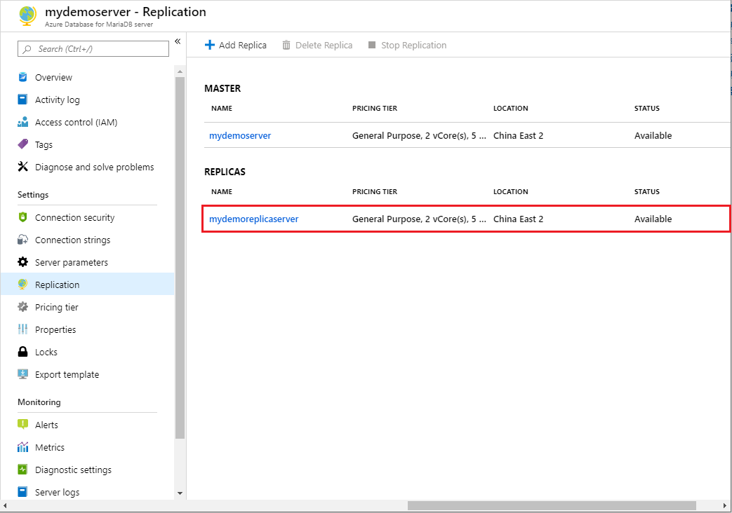 Azure Database for MariaDB - Stop replication select server