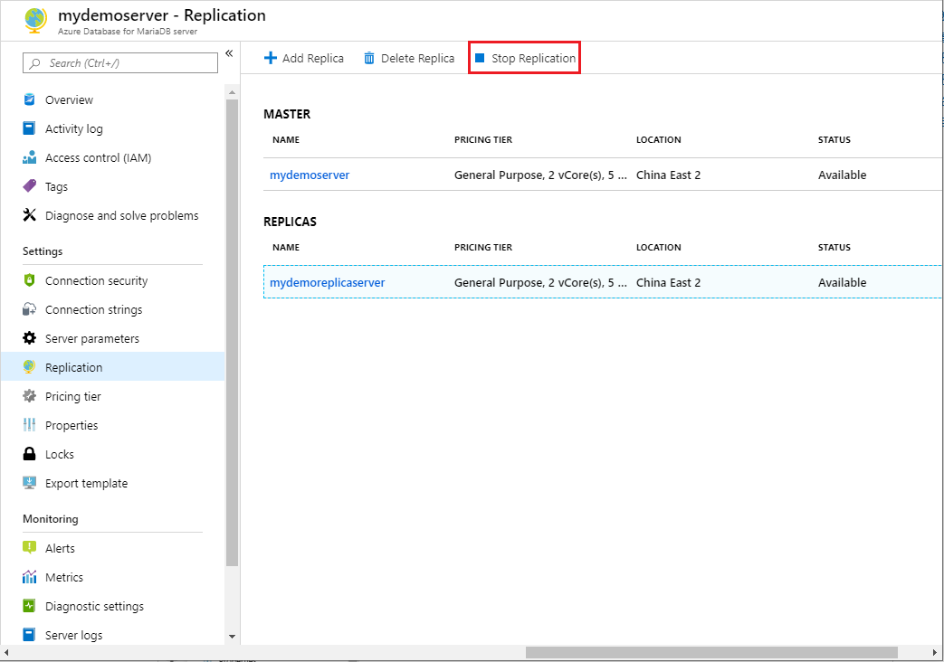 Azure Database for MariaDB - Stop replication