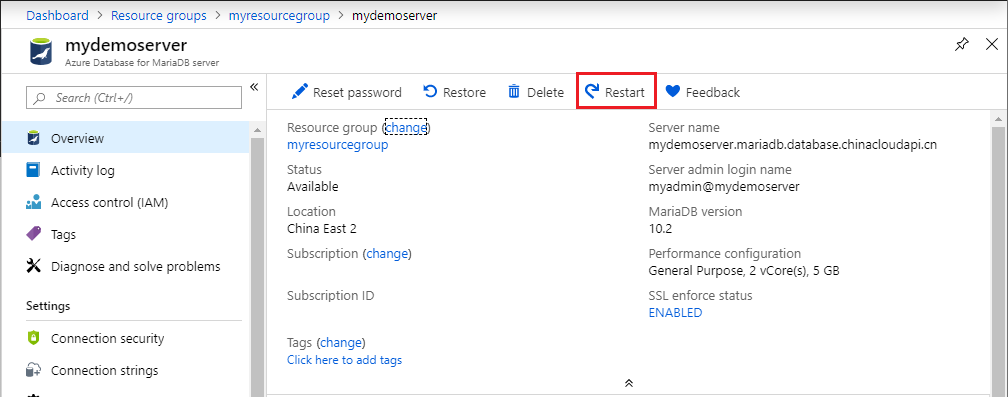 Azure Database for MariaDB - Overview - Restart button