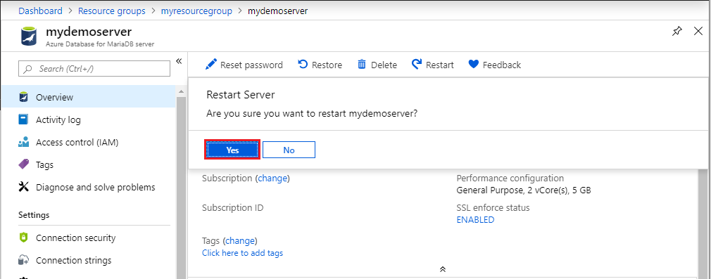 Azure Database for MariaDB - Restart confirm