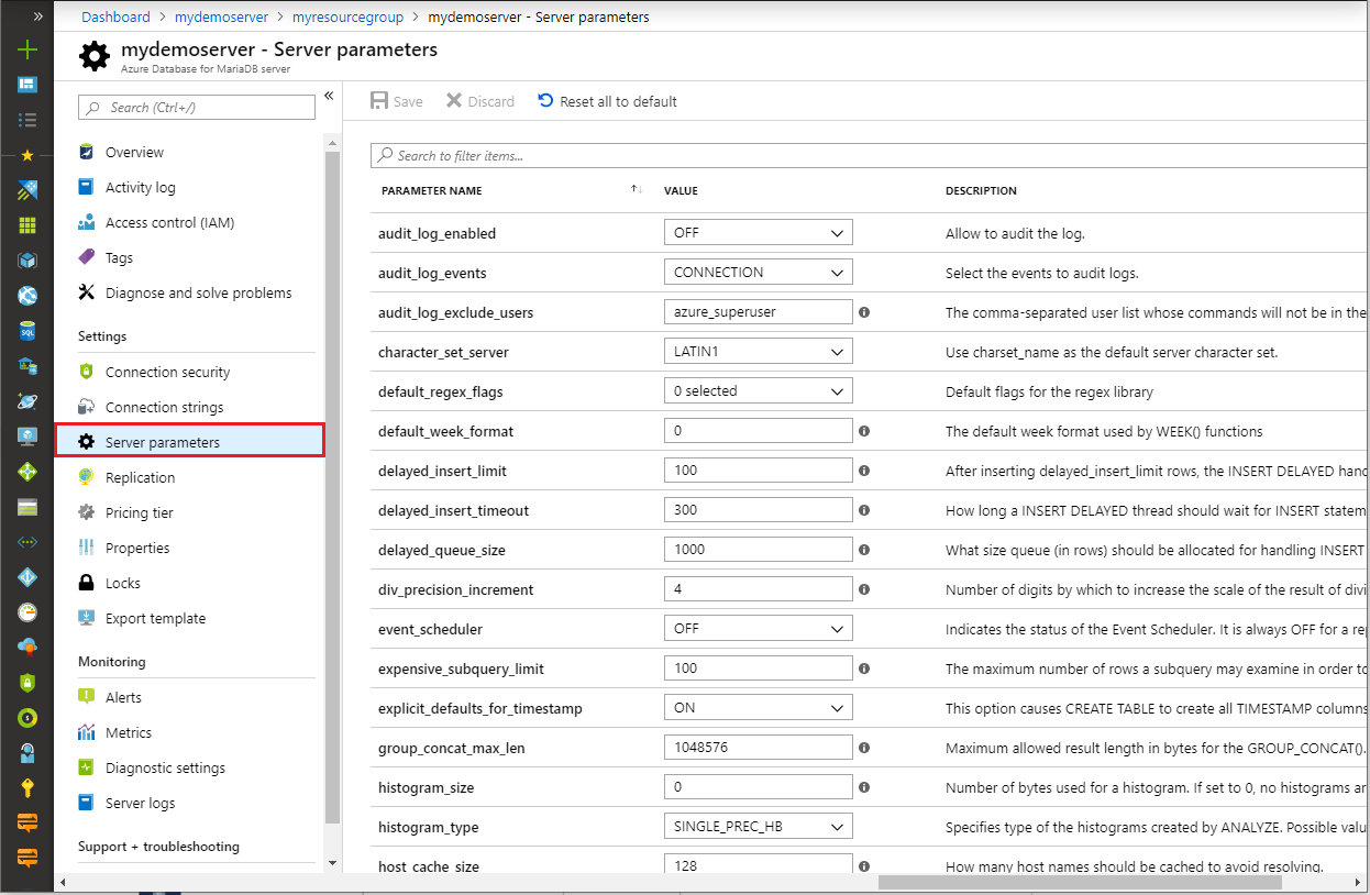 Azure portal server parameters page