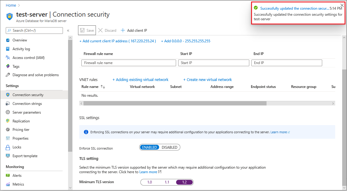 Azure Database for MariaDB TLS configuration success