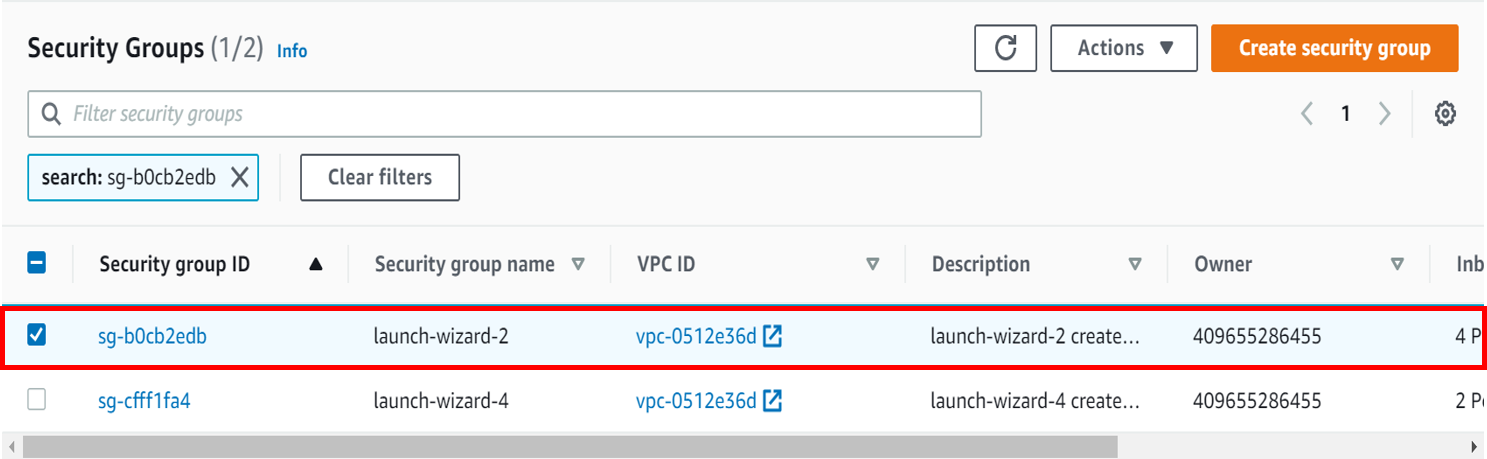 显示 AWS 安全组的屏幕截图。