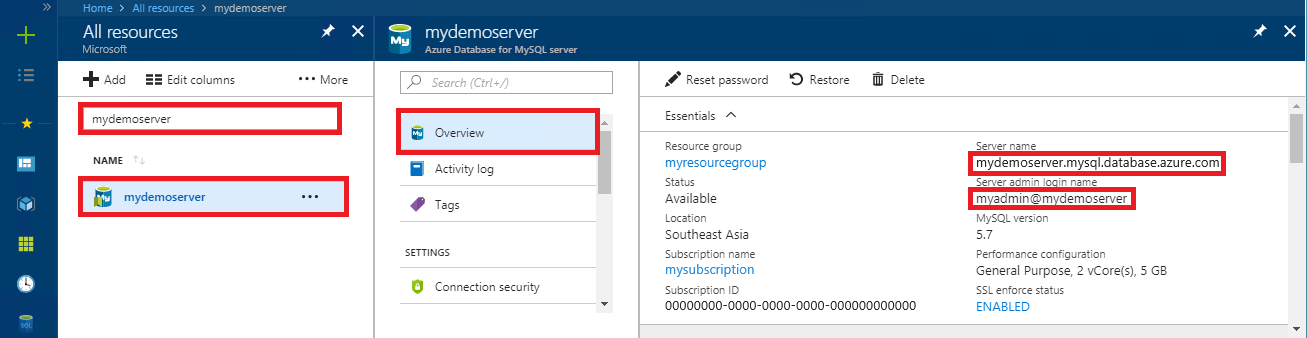 Azure 门户中 Azure Database for MySQL 灵活服务器实例连接信息的屏幕截图。