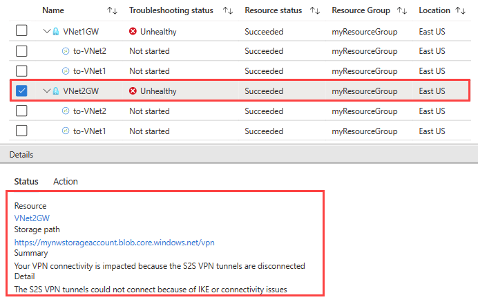 屏幕截图显示了网关的状态以及故障排除完成后 Azure 门户中 VPN 故障排除测试的结果。