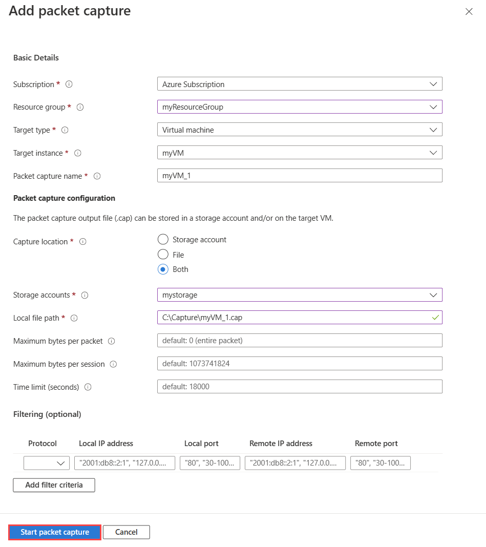 Azure 门户中的“添加数据包捕获”的屏幕截图，其中显示了可用选项。