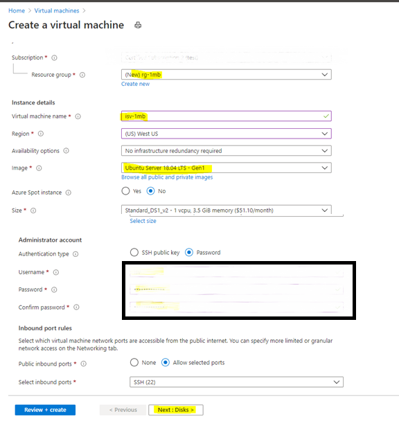 Screenshot that shows the Create a virtual machine page with the Next: Disks command button highlighted.