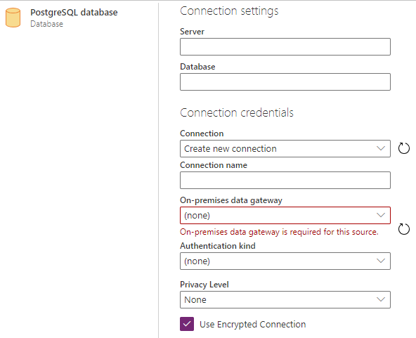 使用 Power Query Online 进行 PostgreSQL 连接的屏幕截图。