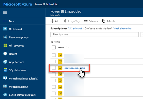 Power BI Embedded capacity list within Azure portal