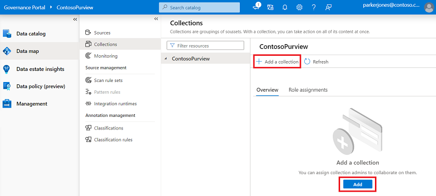 Microsoft Purview 治理门户窗口的屏幕截图，其中已打开数据映射，并突出显示了“添加集合”按钮。