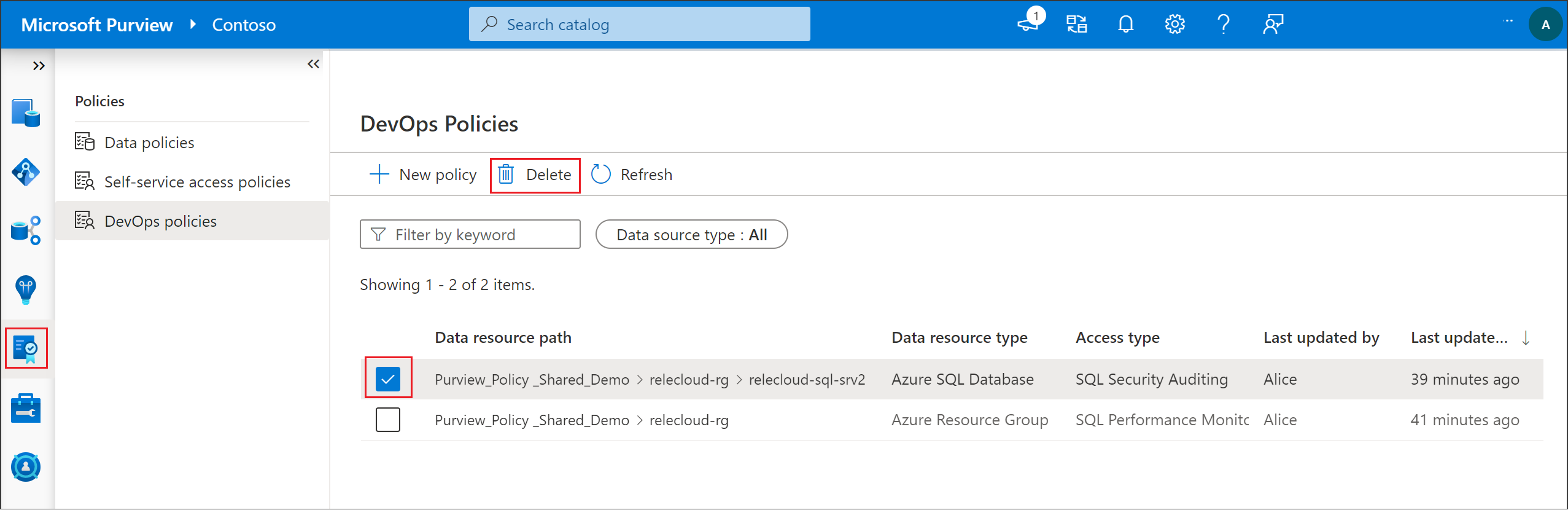 显示删除 SQL DevOps 策略选项的屏幕截图。