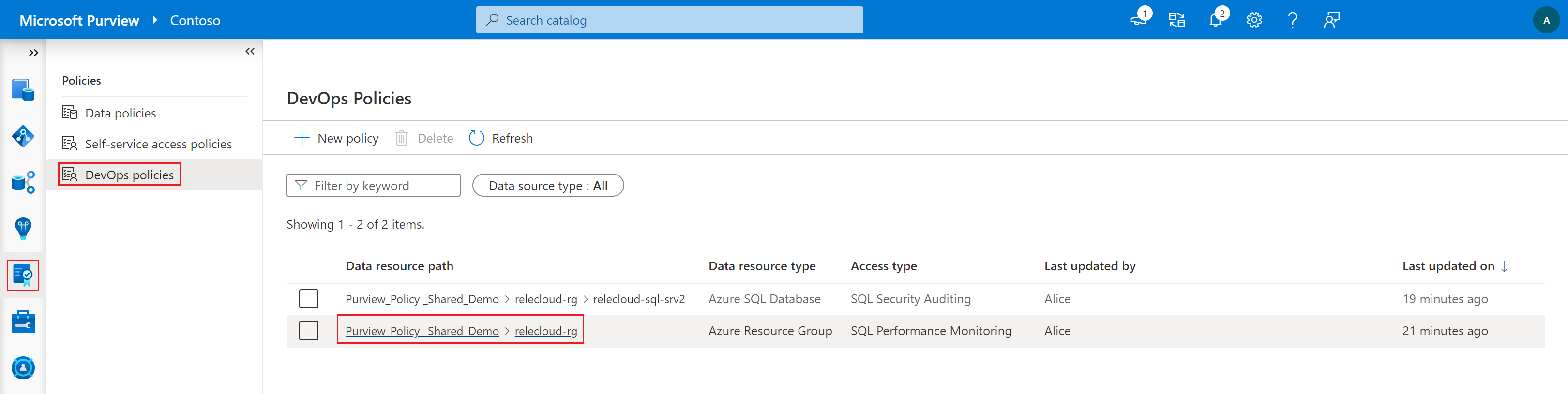 显示打开 SQL DevOps 策略选项的屏幕截图。