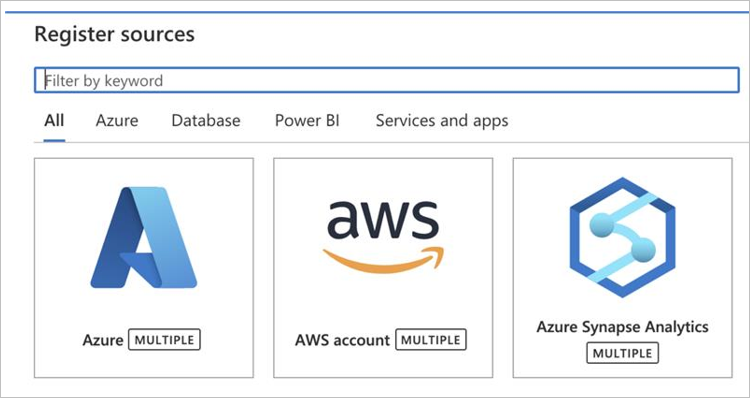 Microsoft Purview 中一系列源的屏幕截图，包括 Azure Synapse Analytics。