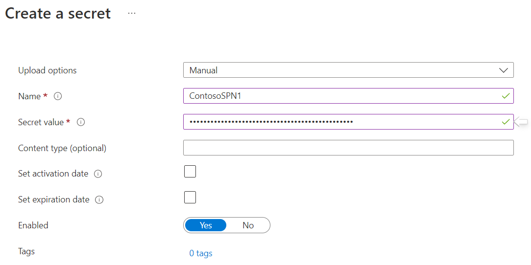 显示如何为 SPN 生成 Azure Key Vault 机密的屏幕截图。