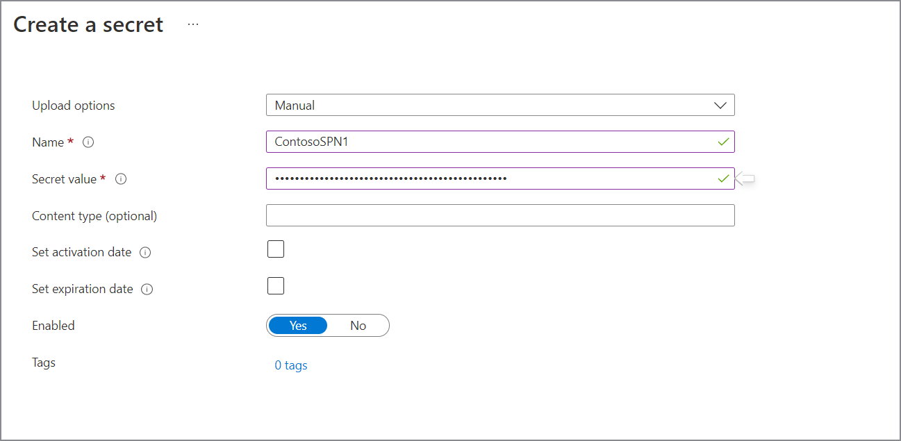 显示如何为 SPN 生成 Azure Key Vault 机密的屏幕截图。